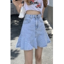 Leisure Skirt Solid Color Ruffle Pocket Zipper Fly Mini Denim Skirt for Women