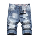 Fancy Shorts Plain Distressed Decoration Mid Rise Zip Placket Denim Shorts for Guys