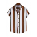 Elegant Men's Shirt Stripe Printed Spread Collar Short Sleeves Fitted Button-up Shirt