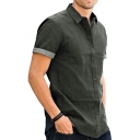 Unique Guy's Shirt Solid Button down Short Sleeves Turn-down Collar Slim Fitted Shirt