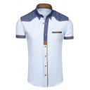 Trendy Shirt Contrast Color Button up Short Sleeves Turn-down Collar Skinny Shirt for Men