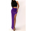 Stylish Skirt Plain Elastic Waist Split Design Maxi Skirt for Women