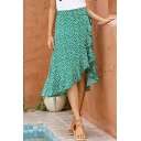 Vintage Asymmetrical Skirt Ditsy Floral Printed Ruffle Wrap Midi Skirt for Women