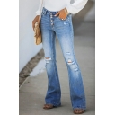 Fashionable Women Jeans Ombre Print Full Length Pocket High Rise Button down Bootcut Jeans