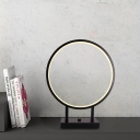 Aluminum Ring Table Light Simple LED Black Nightstand Lamp in White/Warm Light with Plug In Cord