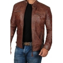 Vintage Men Jacket Pure Color Stand Collar Pocket Long Sleeve Zip Closure Leather Jacket