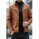 Men Simple Leather Jacket Plain Stand Collar Full Zipper Leather Jacket