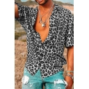 Leisure Shirt Leopard Print Short-Sleeved Spread Collar Regular Button Down Shirt for Men