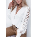 Ladies Urban Shirt Floral Print Long Sleeves V Neck Fitted Hollow Out Lace Shirt