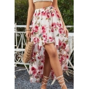 Summer Style Women Skirt Floral Pattern High Elastic Waist Asymmetrical High Low Skirt