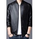 Men Leisure Leather Jacket Solid Color Stand Collar Full Zip Leather Jacket