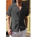 Fashion Shirt Solid Color Regular Fit Short Sleeve Notched Collar Button-up Shirt for Guys