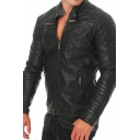 Men Fashionable Leather Jacket Plain Stand Collar Full-Zip Leather Jacket