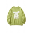 Stylish Sweater Rabbit Patterned Round Neck Ribbed Trim Sweater for Men