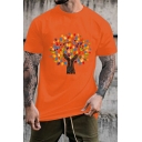 Edgy Pure Color Tee Shirt Tree Print Round Neck Short Sleeve Fitted T-shirt for Guys