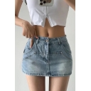 Boyish Denim Skirt Solid Color Zip Fly Front Pocket Bodycon Mini Skirt for Women