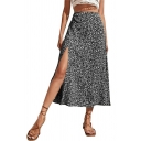 Edgy Skirt Ditsy Floral Printed Split Design A-Line Midi Skirt for Women