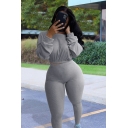Stylish Women Co-ords Whole Colored Round Neck Long Sleeve Crop Sweatshirt with Pants Set