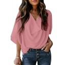 Edgy Women Shirt Whole Colored Relaxed V Neck Half Sleeves Ruched Detail Shirt