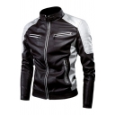 Men Fancy Leather Jacket Color Block Stand Collar Full Zipper Leather Jacket