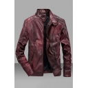 Hot Jacket Pure Color Long Sleeves Stand Collar Regular Zipper Leather Jacket for Guys