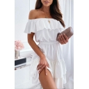 Simple Women's Dress Solid Off The Shoulder Ruffles Design Short Sleeve Mini A-line Dress