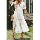 Retro Women's Dress Polka Dot Print V Neck Lace Trumpet Short Sleeve Maxi A-line Dress