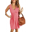 Modern Women's Dress Pure Color Ruched V Neck Sleeveless Button Fly A-line Mini Dress