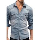 Urban Jacket Whole Colored Front Pocket Turn-down Collar Button-up Denim Jacket for Men