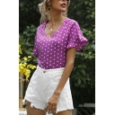 Ladies Cozy Tee Shirt Polka Dot Printed V-neck Short Sleeves Ruffles T-shirt