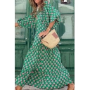 Fancy Womens Dress Geometric Print V-Neck 3/4 Puff Sleeve Pleated Maxi Swing Dress