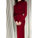 Unique Women's Dress Solid Mock Collar Slimming Long Sleeve Ruched Maxi Dress