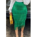 Urbanized Women Skirt Solid Color High Elastic Waist Midi Tassel Pencil Skirt