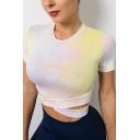 Urban T-Shirt Color Block Round Neck Hollow out Short Sleeve T-Shirt for Women