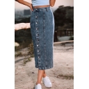 Vintage Denim Skirt Plain Button Closure Split Design Midi Skirt for Women