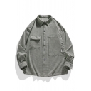 Edgy Shirt Pure Color Turn-down Collar Pocket Baggy Long Sleeves Button Down Shirt for Men