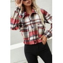 Stylish Casual Jacket Check Patterned Flap Pocket Button down Casual Jacket for Women