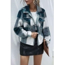 Women Trendy Casual Jacket Checked Print Flap Pocket Button up Casual Jacket