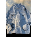 Street Look Guy's Jacket Cross Print Front Pocket Spread Collar Loose Button Denim Jacket
