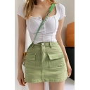 Fascinating Women Skirt Solid Color Button Fly Flap Pocket Mini Denim A-Line Skirt