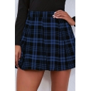 Fashionable Womens Skirts Checked Pattern High Elastic Waist Mini Pleated Skirts