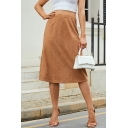 Simple Leather Skirt Plain Zip Fly A-Line Midi Skirt for Women