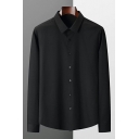 Retro Mens Shirt Solid Color Point Collar Relaxed Long Sleeve Button Closure Shirt