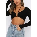 Popular Women Tee Top Solid Ruched Halter Neck Long Sleeve Cropped Tee Shirt