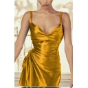 Chic Women's Dress Solid Ruched Design Spaghetti Straps Slit Sleeveless Midi Dress