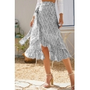 Fancy Asymmetrical Skirt Floral Patterned Chiffon Ruffle Midi Skirt for Women