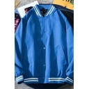 Street Look Jacket Striped Print Pocket Stand Collar Baggy Button Baseball Jacket for Guys