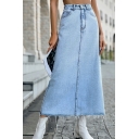 Unique Denim Skirt Solid Color Zip Fly A-Line Maxi Skirt for Women