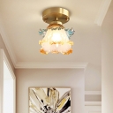 1 Light Semi Flush Light Gold Glass Ceiling Light for Corridor