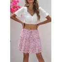 Stylish Skirt Ditsy Floral Pattern Elastic Waist Tiered Mini Skirt for Women